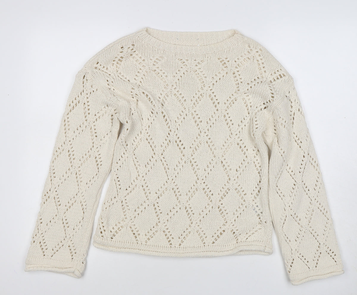 M&S Women Ivory UK 12 Open Knit Argyle Cotton Pullover Jumper