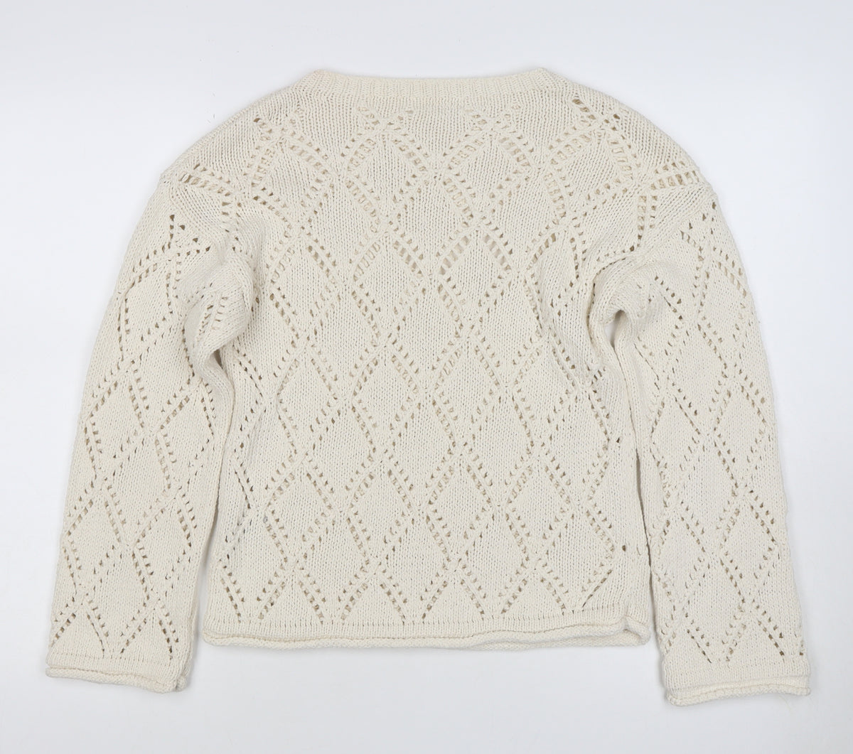 M&S Women Ivory UK 12 Open Knit Argyle Cotton Pullover Jumper