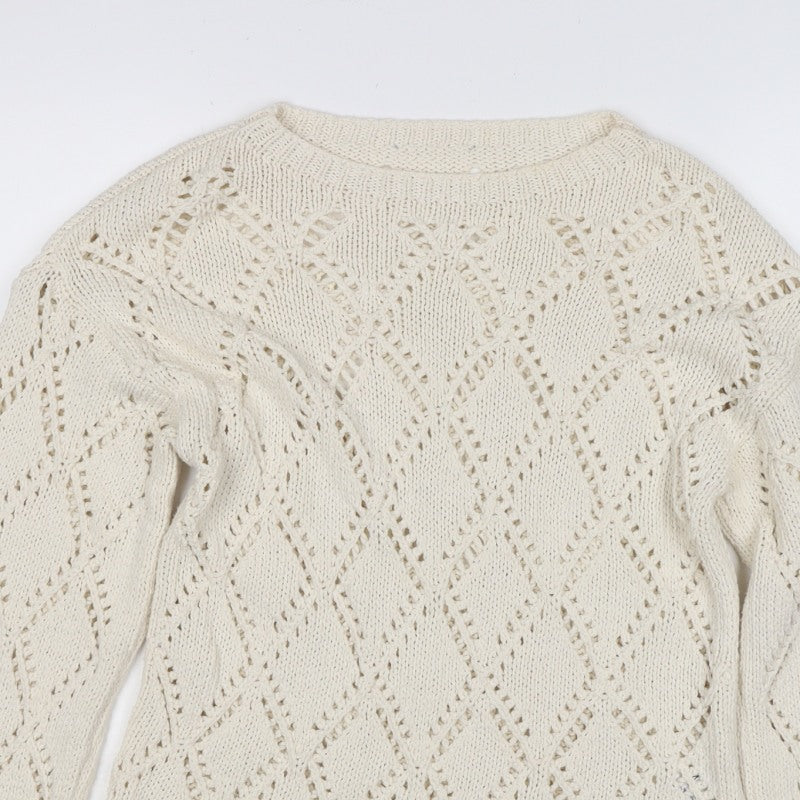 M&S Women Ivory UK 12 Open Knit Argyle Cotton Pullover Jumper