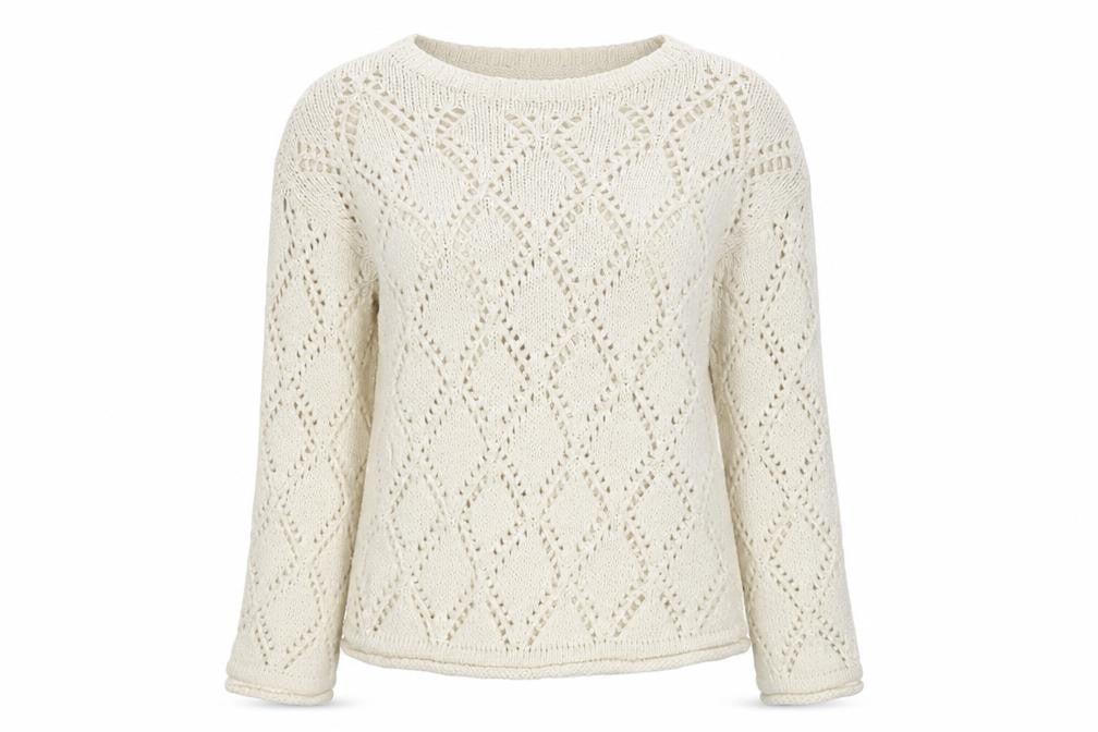 M&S Women Ivory UK 12 Open Knit Argyle Cotton Pullover Jumper