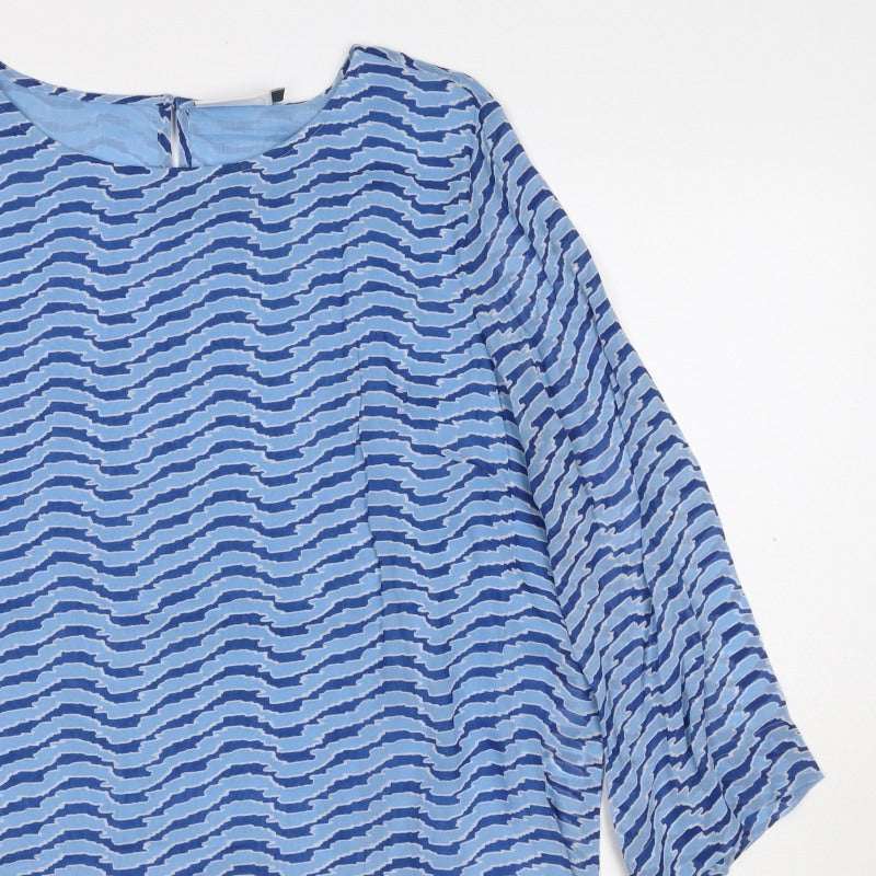Adini Women Blue L Viscose Wave Stripe 3/4 Bell Sleeve Lined Blouse