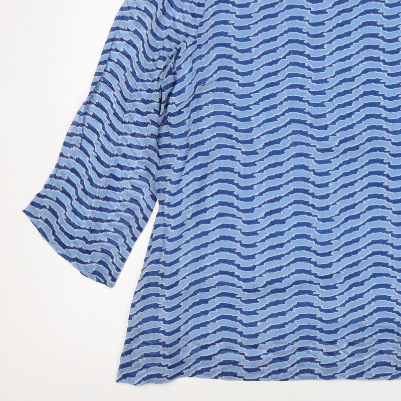 Adini Women Blue L Viscose Wave Stripe 3/4 Bell Sleeve Lined Blouse