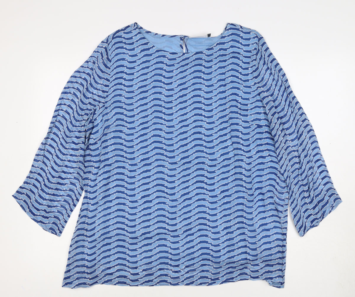 Adini Women Blue L Viscose Wave Stripe 3/4 Bell Sleeve Lined Blouse