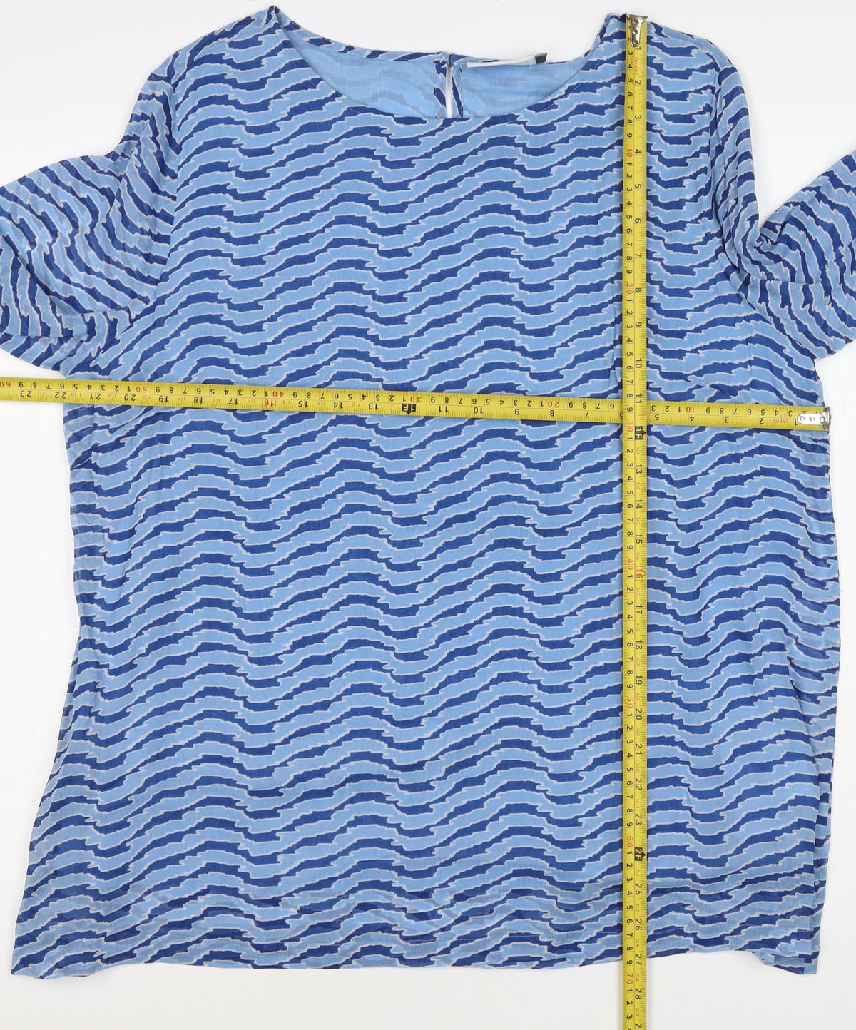 Adini Women Blue L Viscose Wave Stripe 3/4 Bell Sleeve Lined Blouse