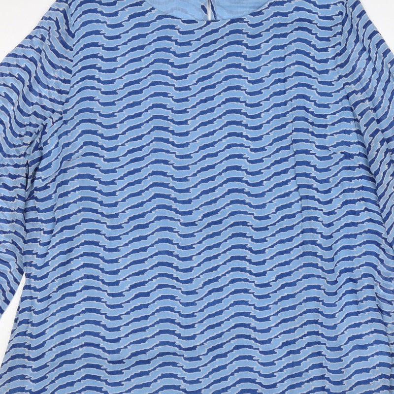 Adini Women Blue L Viscose Wave Stripe 3/4 Bell Sleeve Lined Blouse