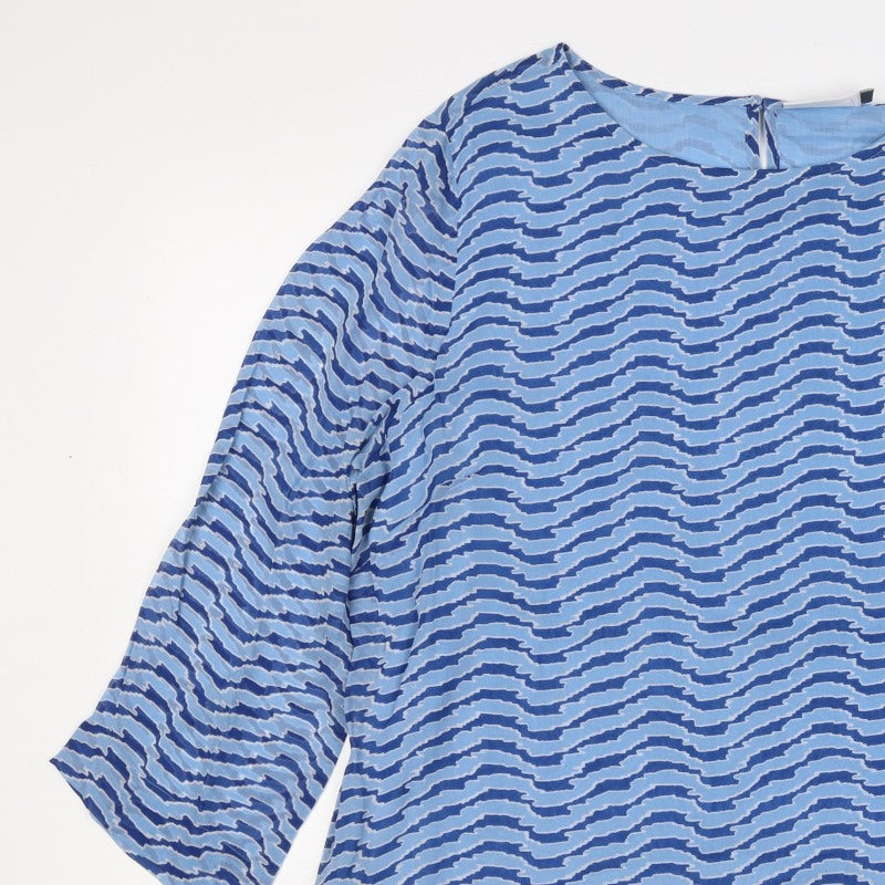 Adini Women Blue L Viscose Wave Stripe 3/4 Bell Sleeve Lined Blouse