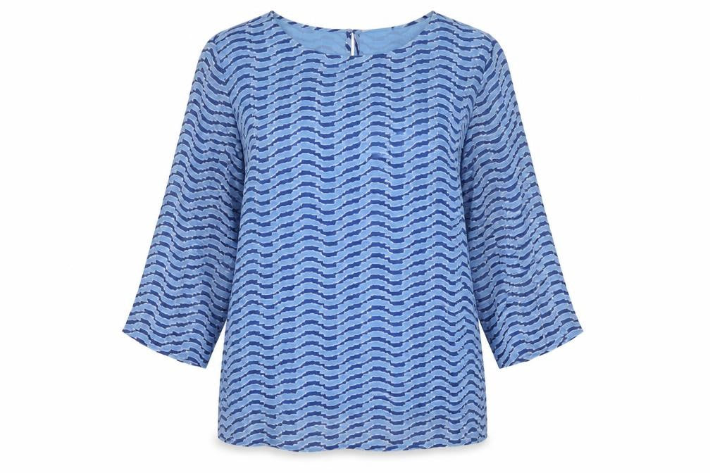 Adini Women Blue L Viscose Wave Stripe 3/4 Bell Sleeve Lined Blouse