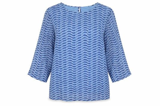 Adini Women Blue L Viscose Wave Stripe 3/4 Bell Sleeve Lined Blouse