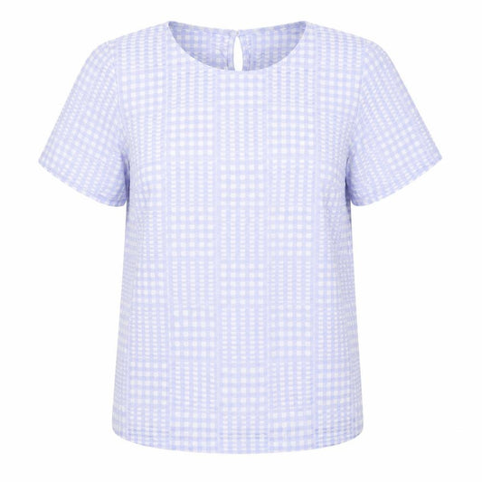 Anthropologie Women Blue Check Textured Blouse UK 14 Short Sleeve