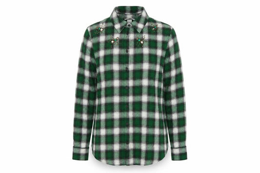 H&M Women Green Check Viscose Button-Up Shirt UK 14 Beaded Spider Long Sleeve