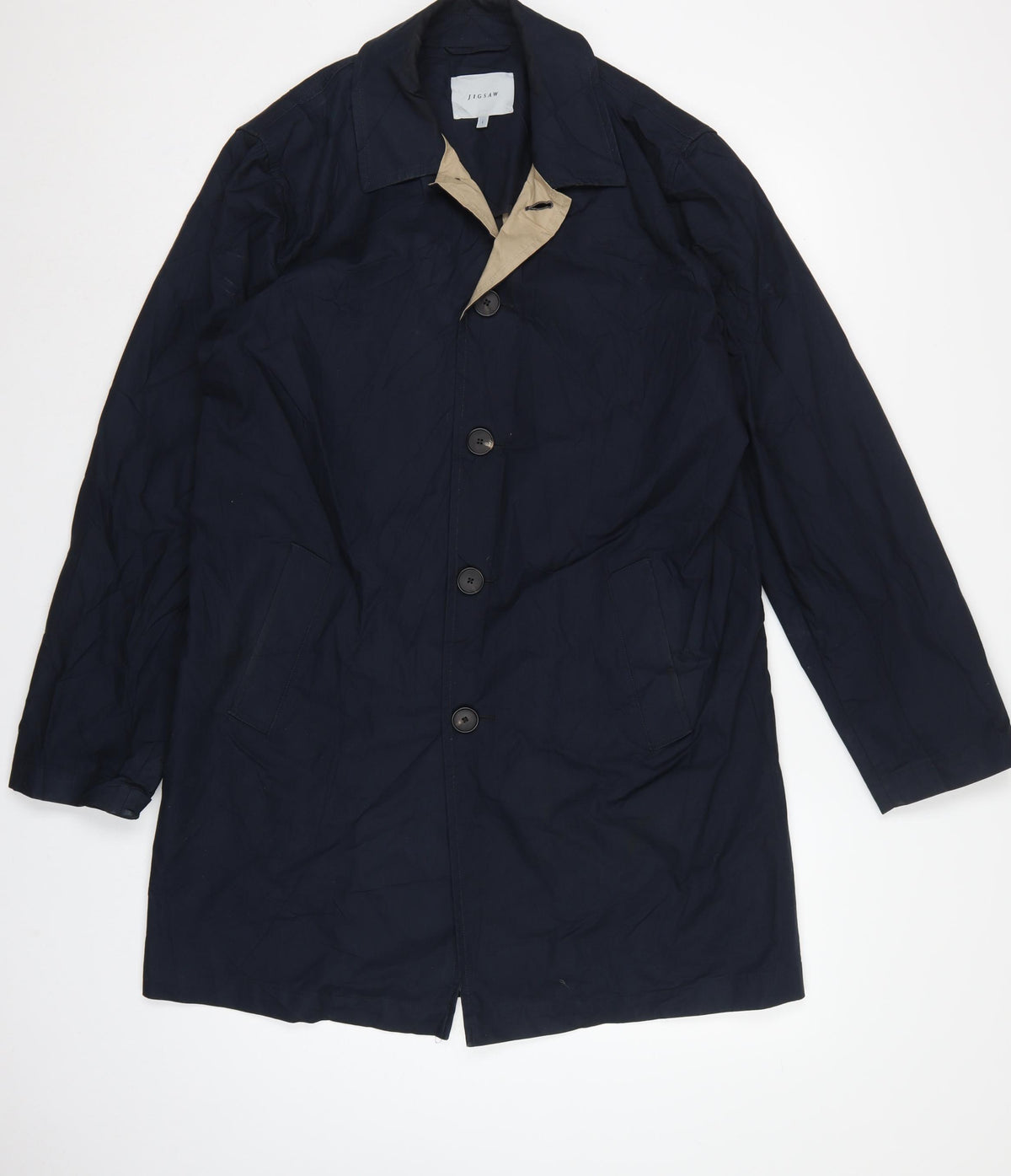 Jigsaw Men’s Navy Blue L Reversible Long Trench Coat Buttoned
