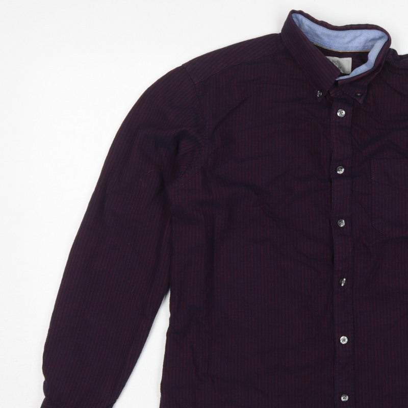 Marks and Spencer Men Blue Burgundy M Striped Cotton Button-Down Shirt