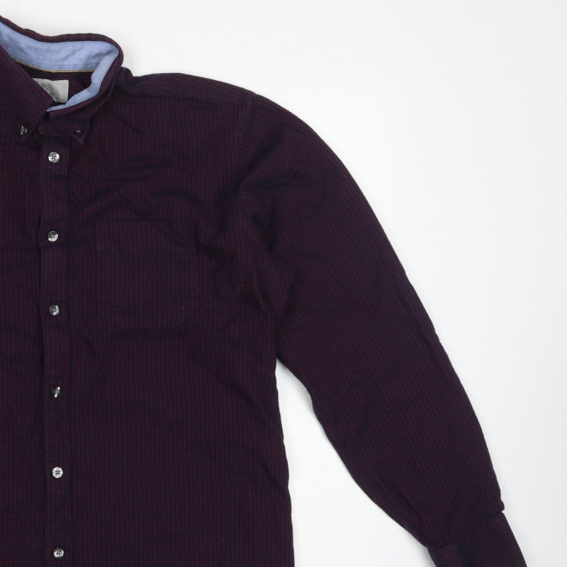 Marks and Spencer Men Blue Burgundy M Striped Cotton Button-Down Shirt