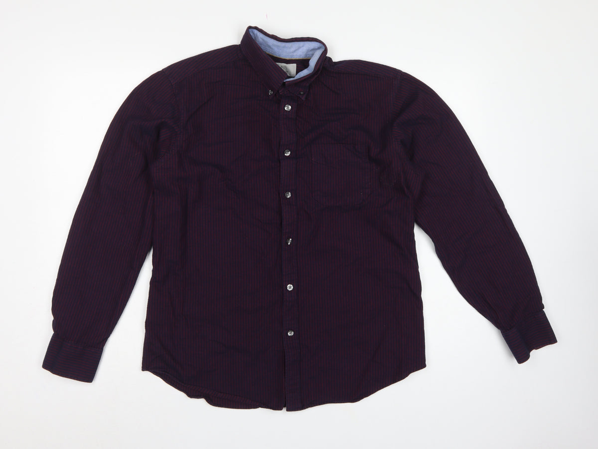 Marks and Spencer Men Blue Burgundy M Striped Cotton Button-Down Shirt