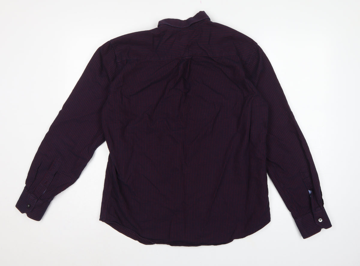 Marks and Spencer Men Blue Burgundy M Striped Cotton Button-Down Shirt