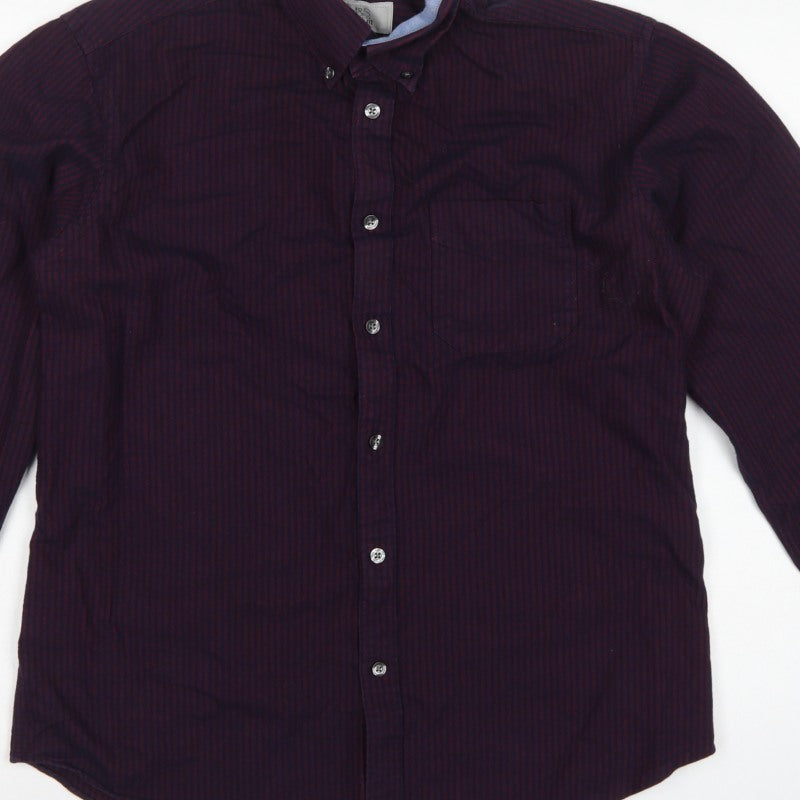 Marks and Spencer Men Blue Burgundy M Striped Cotton Button-Down Shirt