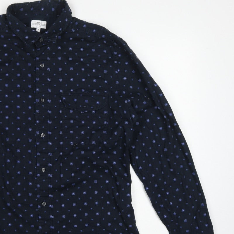 Next Men's Blue L Geometric Cotton Button-Down Long Sleeve Shirt