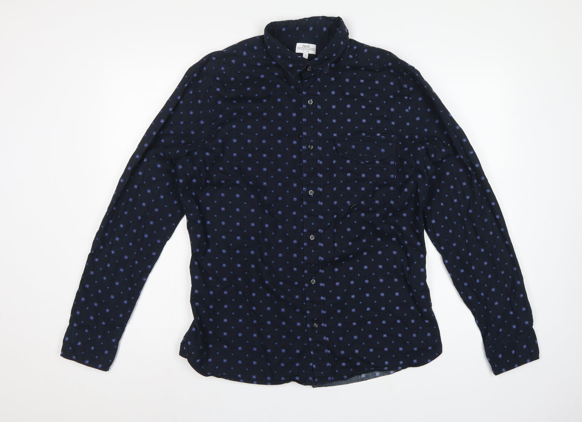 Next Men's Blue L Geometric Cotton Button-Down Long Sleeve Shirt