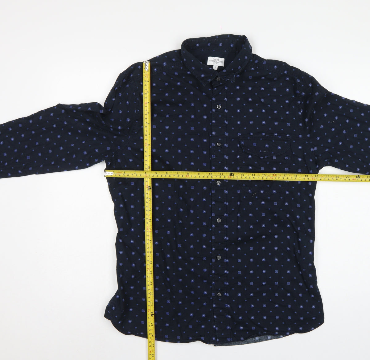 Next Men's Blue L Geometric Cotton Button-Down Long Sleeve Shirt