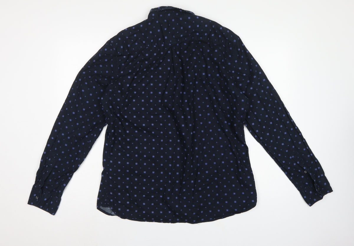Next Men's Blue L Geometric Cotton Button-Down Long Sleeve Shirt