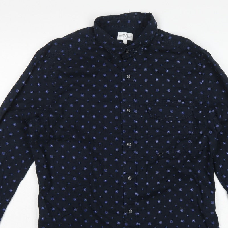 Next Men's Blue L Geometric Cotton Button-Down Long Sleeve Shirt