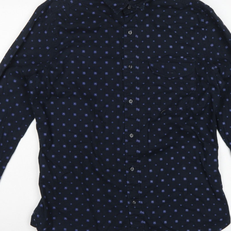 Next Men's Blue L Geometric Cotton Button-Down Long Sleeve Shirt