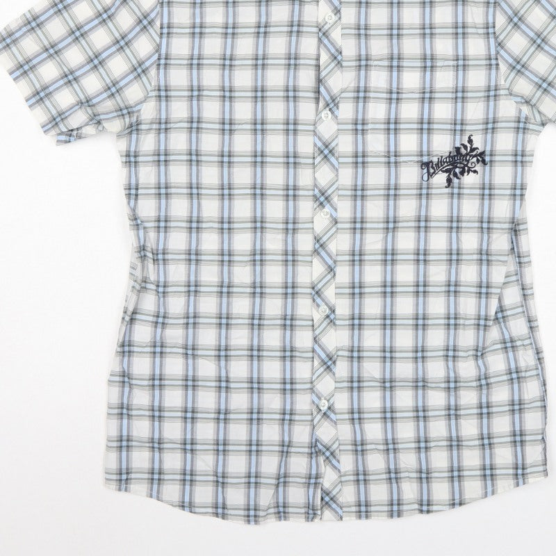 Bullberry Men White Blue Plaid M Short Sleeve Button-Down Shirt