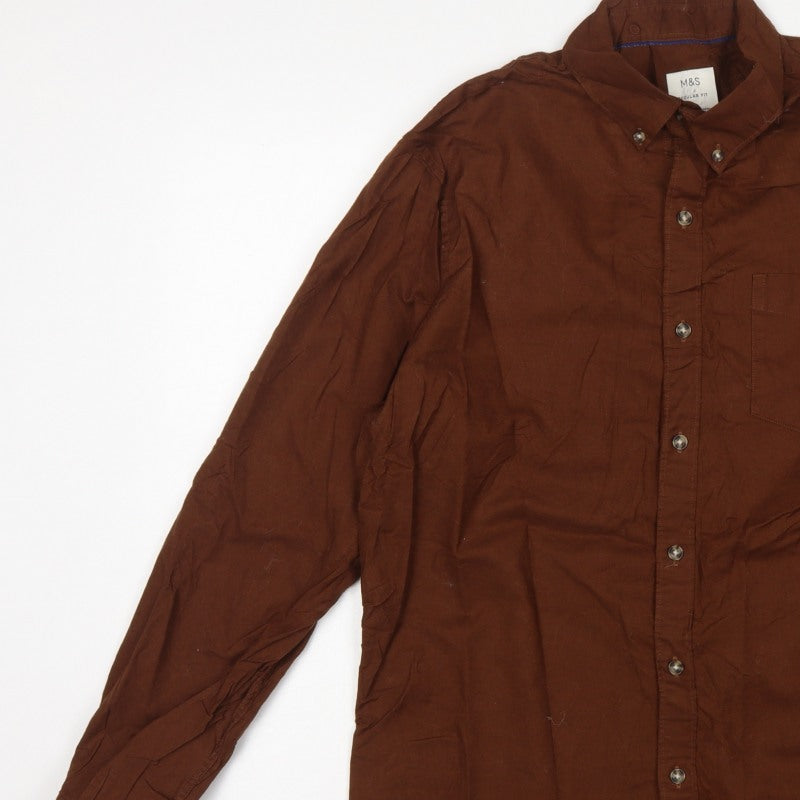 Marks & Spencer Men Brown L Regular Fit Cotton Button-Down Shirt