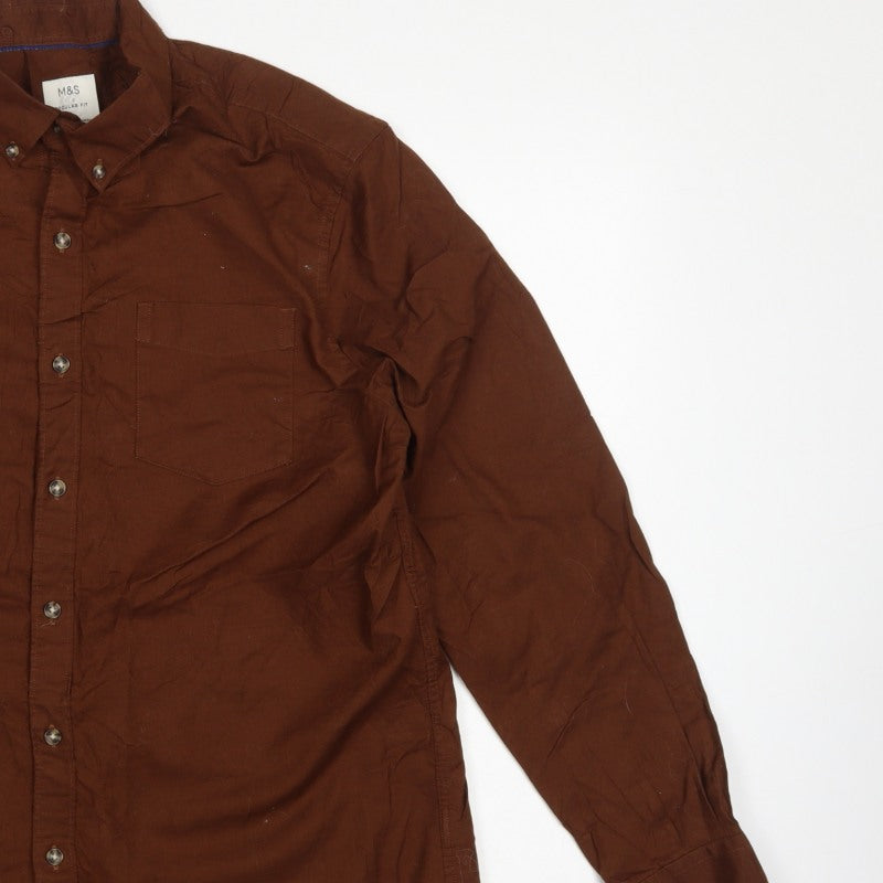 Marks & Spencer Men Brown L Regular Fit Cotton Button-Down Shirt
