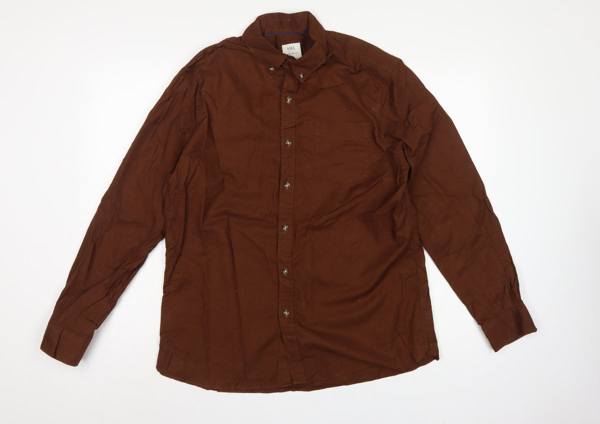 Marks & Spencer Men Brown L Regular Fit Cotton Button-Down Shirt