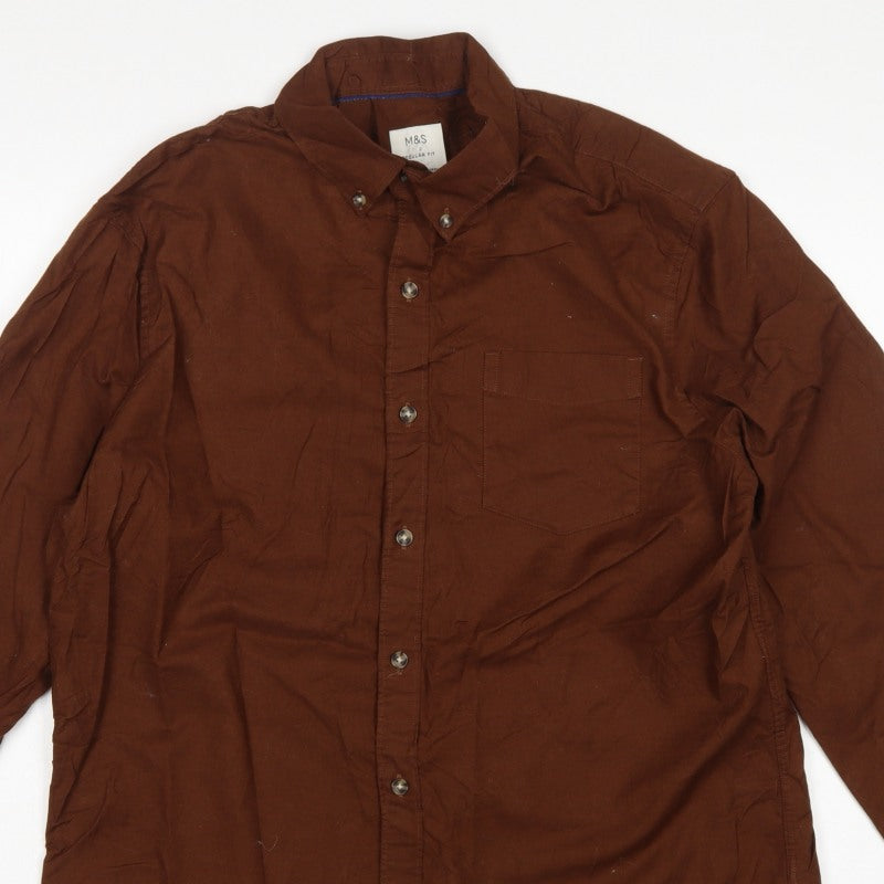 Marks & Spencer Men Brown L Regular Fit Cotton Button-Down Shirt