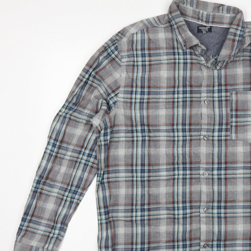 Boston Crew Men's Grey Plaid Cotton XL Regular Button-Down Shirt