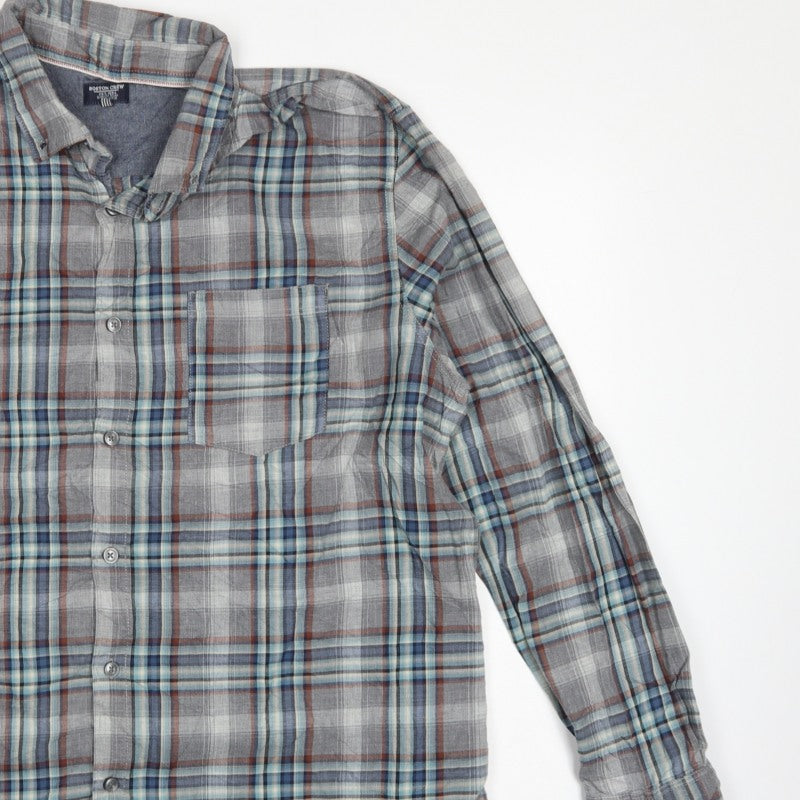 Boston Crew Men's Grey Plaid Cotton XL Regular Button-Down Shirt