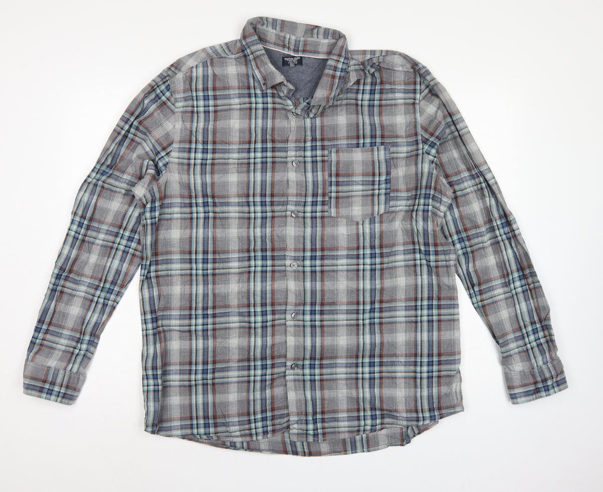 Boston Crew Men's Grey Plaid Cotton XL Regular Button-Down Shirt