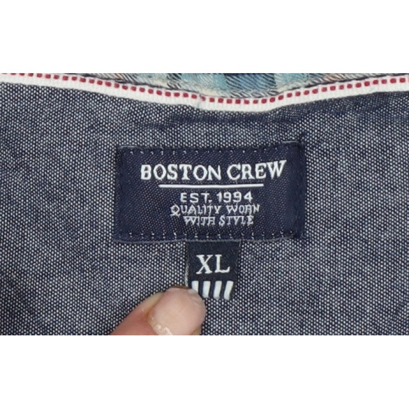 Boston Crew Men's Grey Plaid Cotton XL Regular Button-Down Shirt