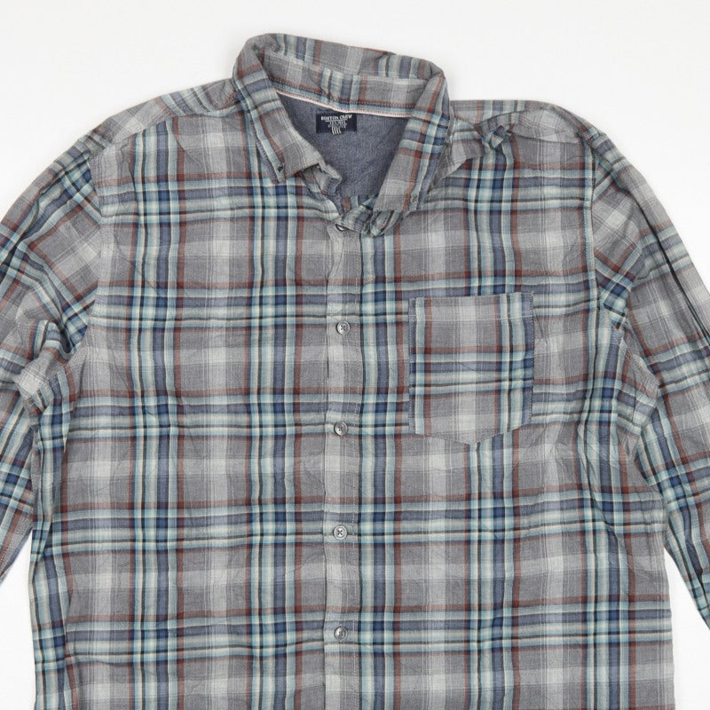 Boston Crew Men's Grey Plaid Cotton XL Regular Button-Down Shirt
