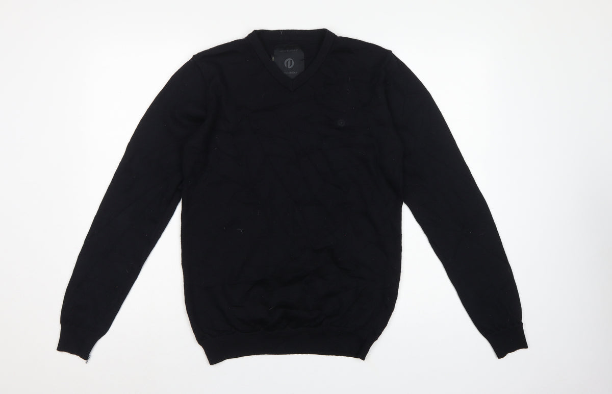 Jack & Jones Men Black M Merino Wool V-Neck Pullover Jumper Logo