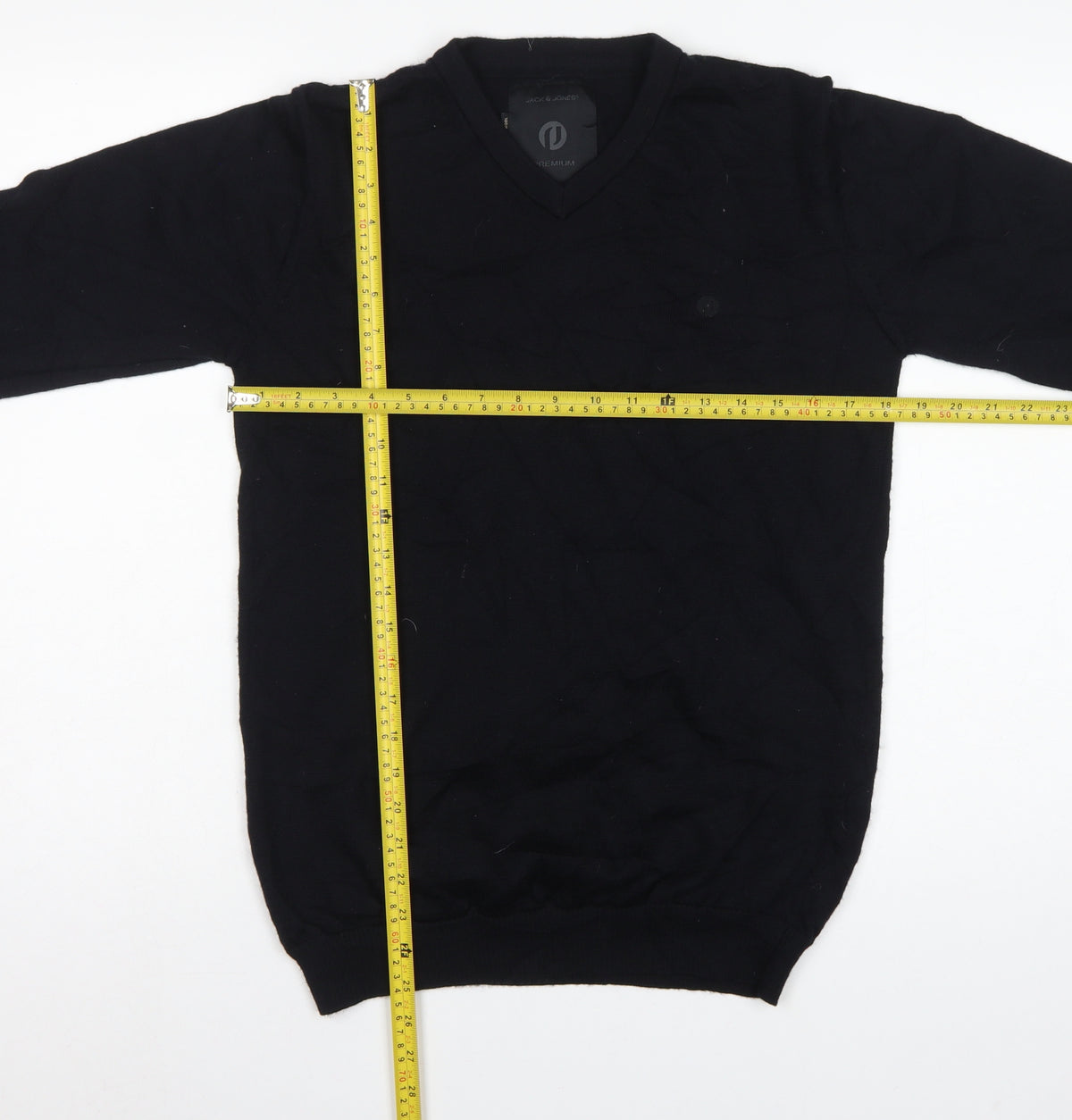 Jack & Jones Men Black M Merino Wool V-Neck Pullover Jumper Logo