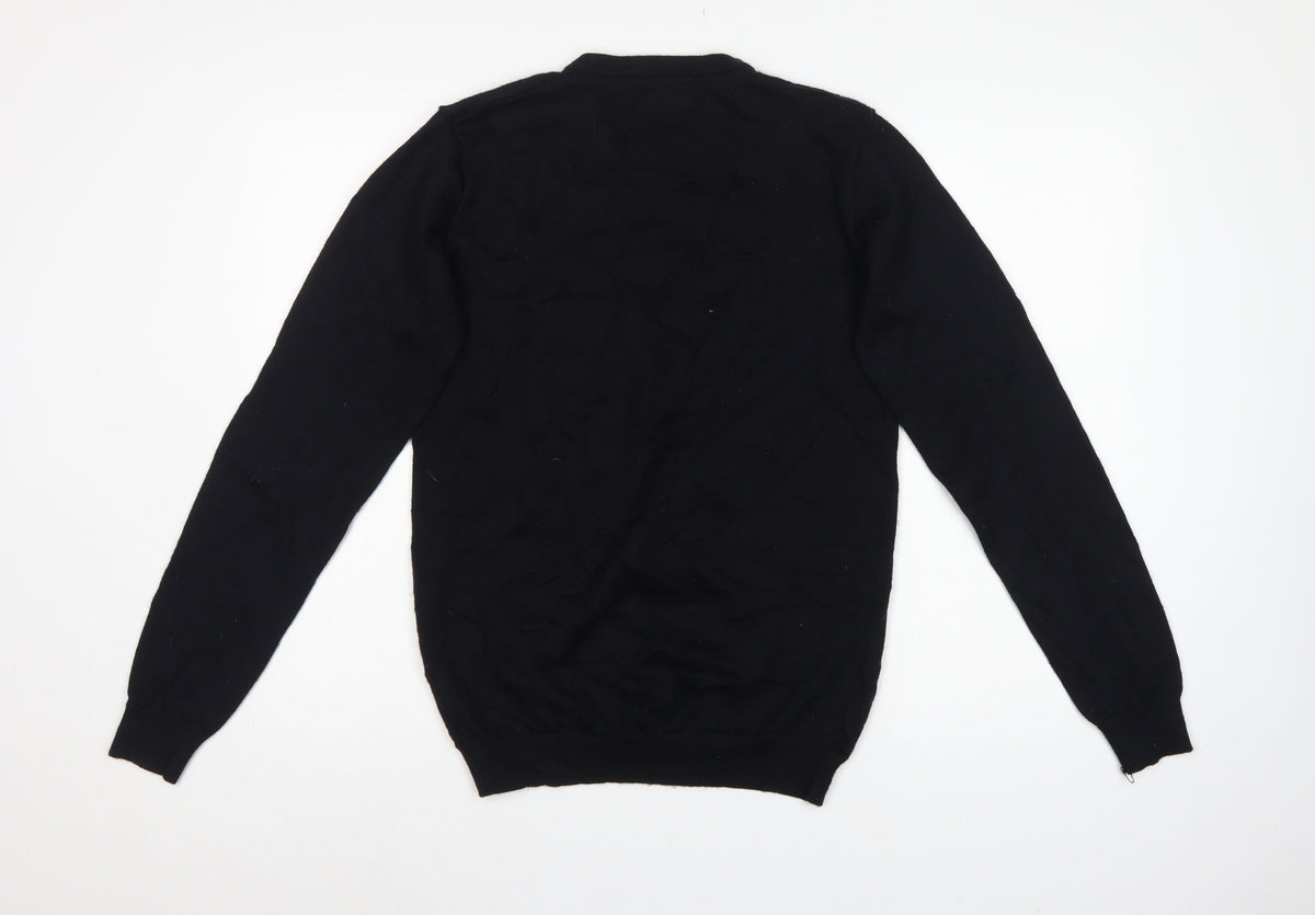 Jack & Jones Men Black M Merino Wool V-Neck Pullover Jumper Logo