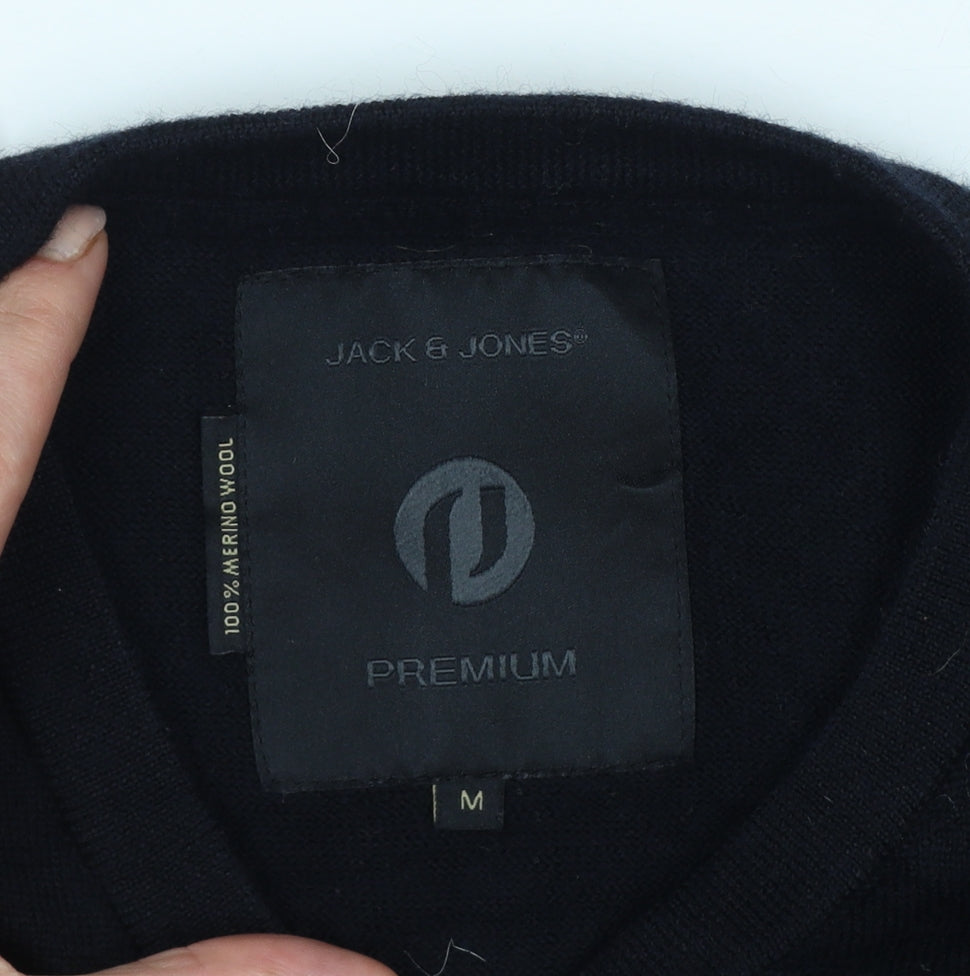 Jack & Jones Men Black M Merino Wool V-Neck Pullover Jumper Logo