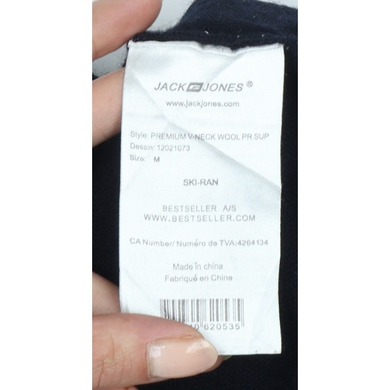 Jack & Jones Men Black M Merino Wool V-Neck Pullover Jumper Logo