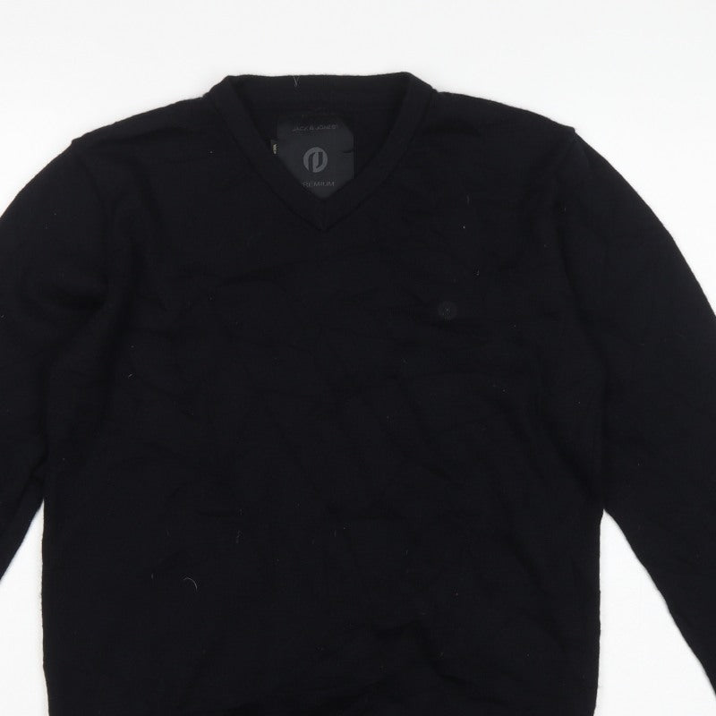 Jack & Jones Men Black M Merino Wool V-Neck Pullover Jumper Logo