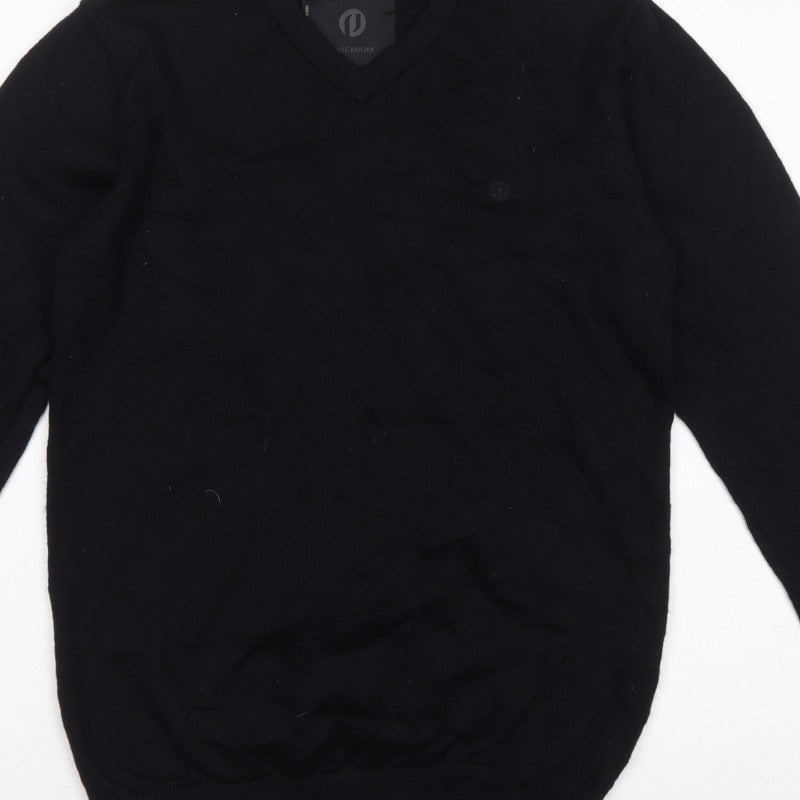 Jack & Jones Men Black M Merino Wool V-Neck Pullover Jumper Logo