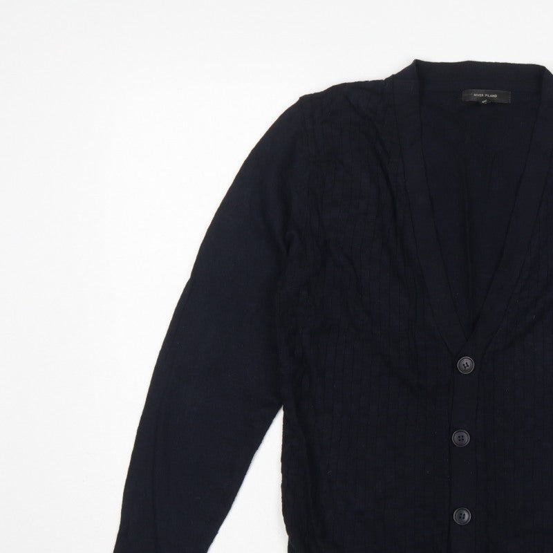 River Island Men's Black S Cable Knit Button V-Neck Cardigan Classic