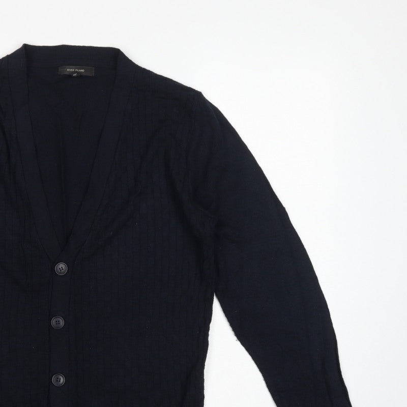 River Island Men's Black S Cable Knit Button V-Neck Cardigan Classic