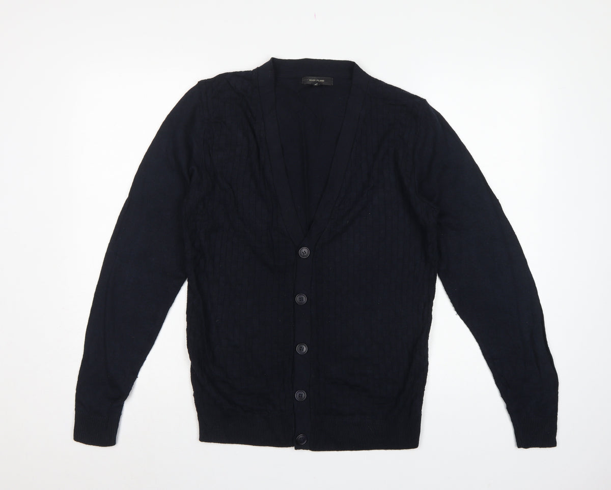 River Island Men's Black S Cable Knit Button V-Neck Cardigan Classic