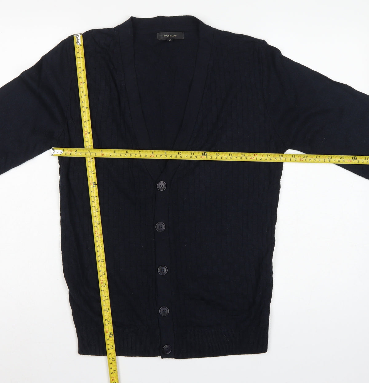 River Island Men's Black S Cable Knit Button V-Neck Cardigan Classic