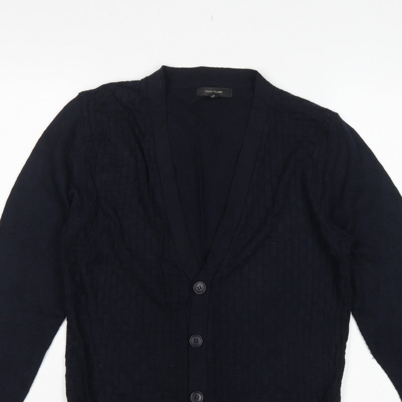 River Island Men's Black S Cable Knit Button V-Neck Cardigan Classic