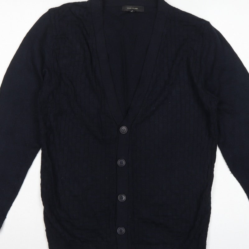 River Island Men's Black S Cable Knit Button V-Neck Cardigan Classic