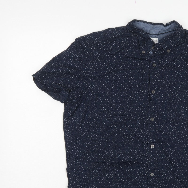 Next Men’s Blue Polka Dot Cotton Button-Down Short Sleeve Shirt L